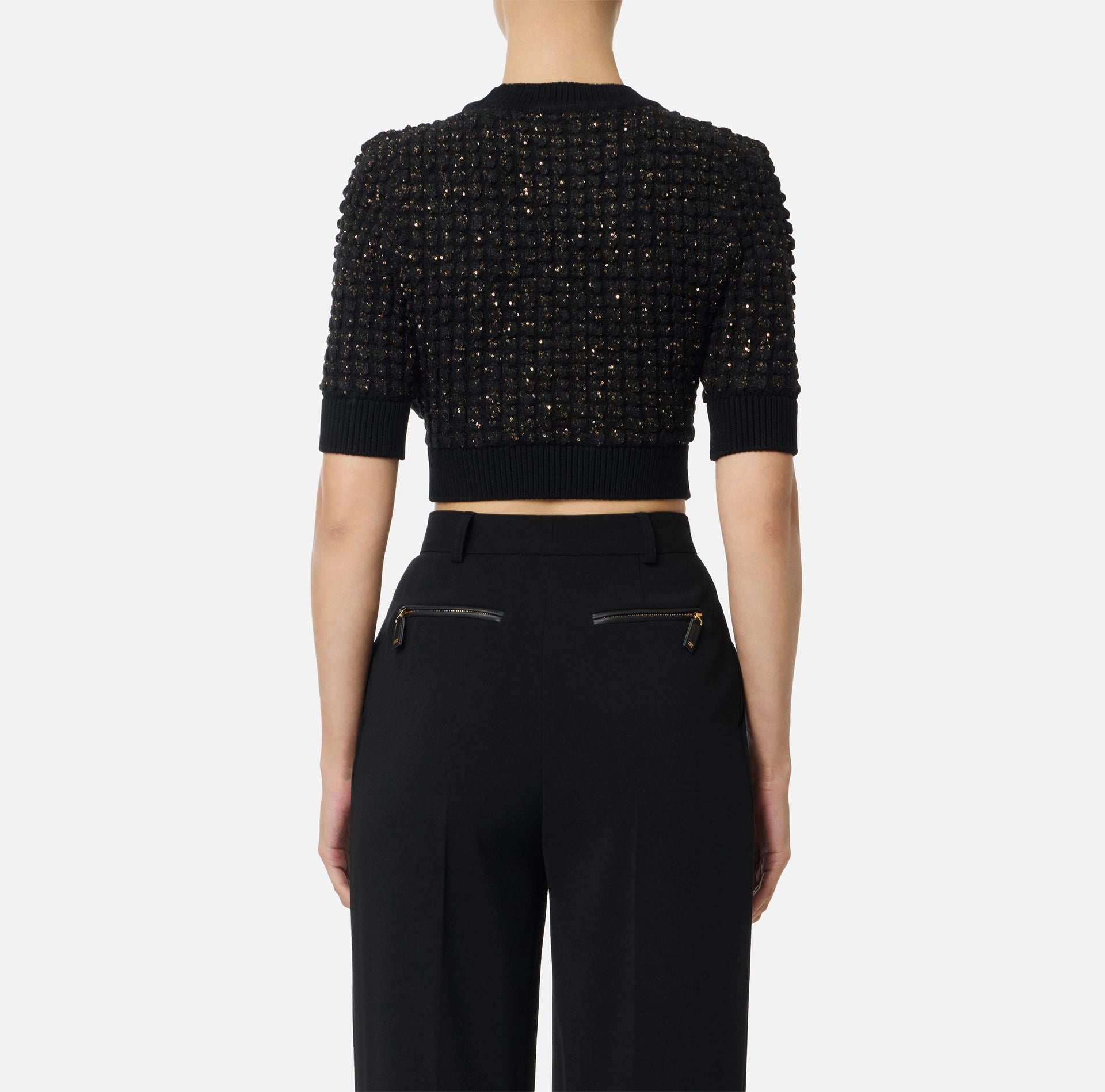 Black boucle knit crop top