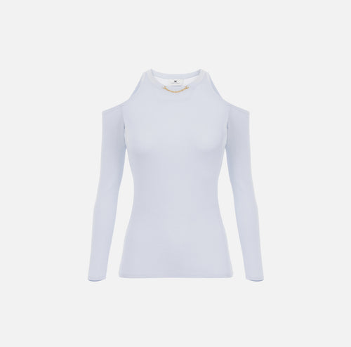 Baby blue rib knit cold shoulder top