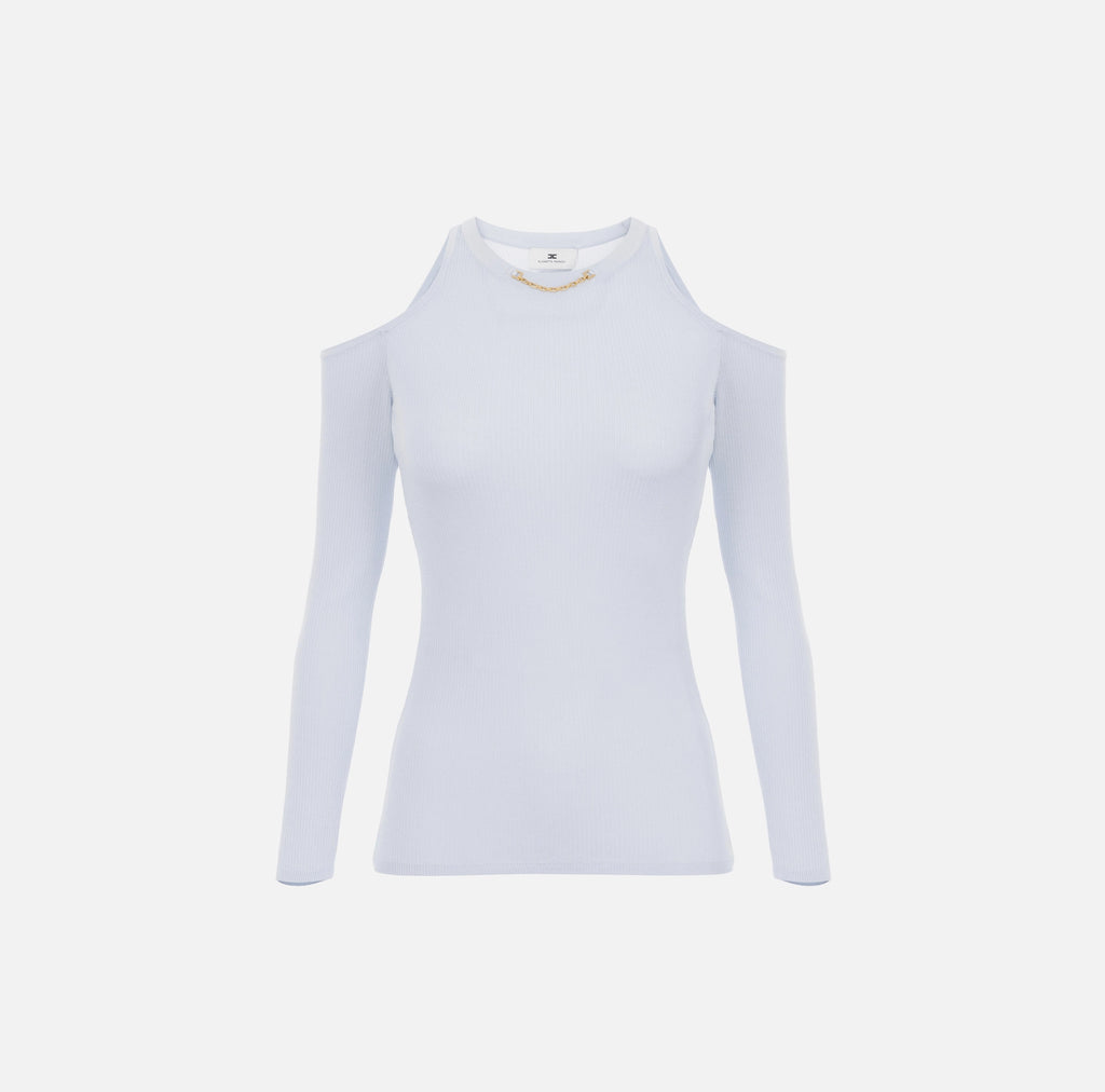 Baby blue rib knit cold shoulder top