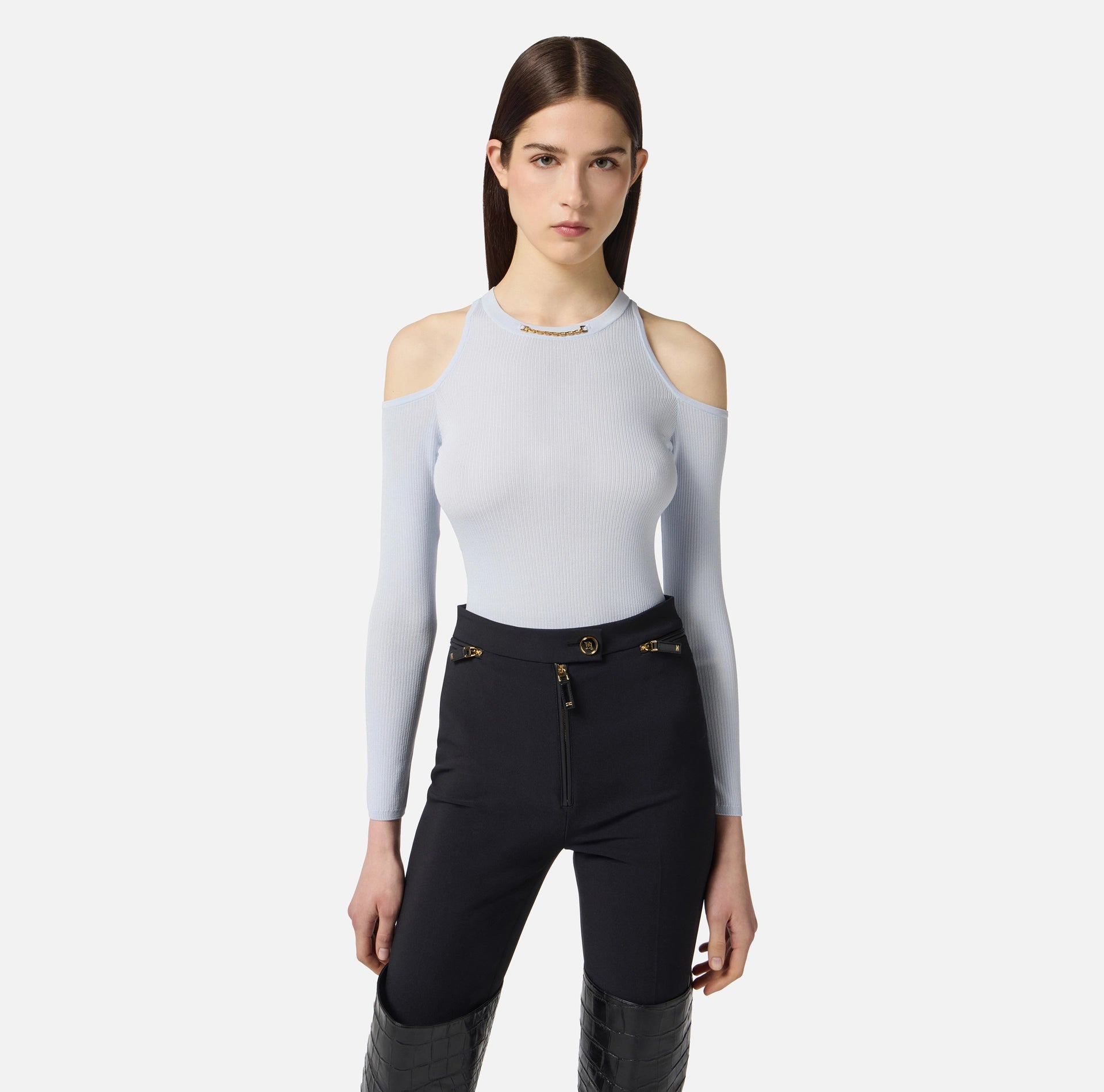 Baby blue rib knit cold shoulder top