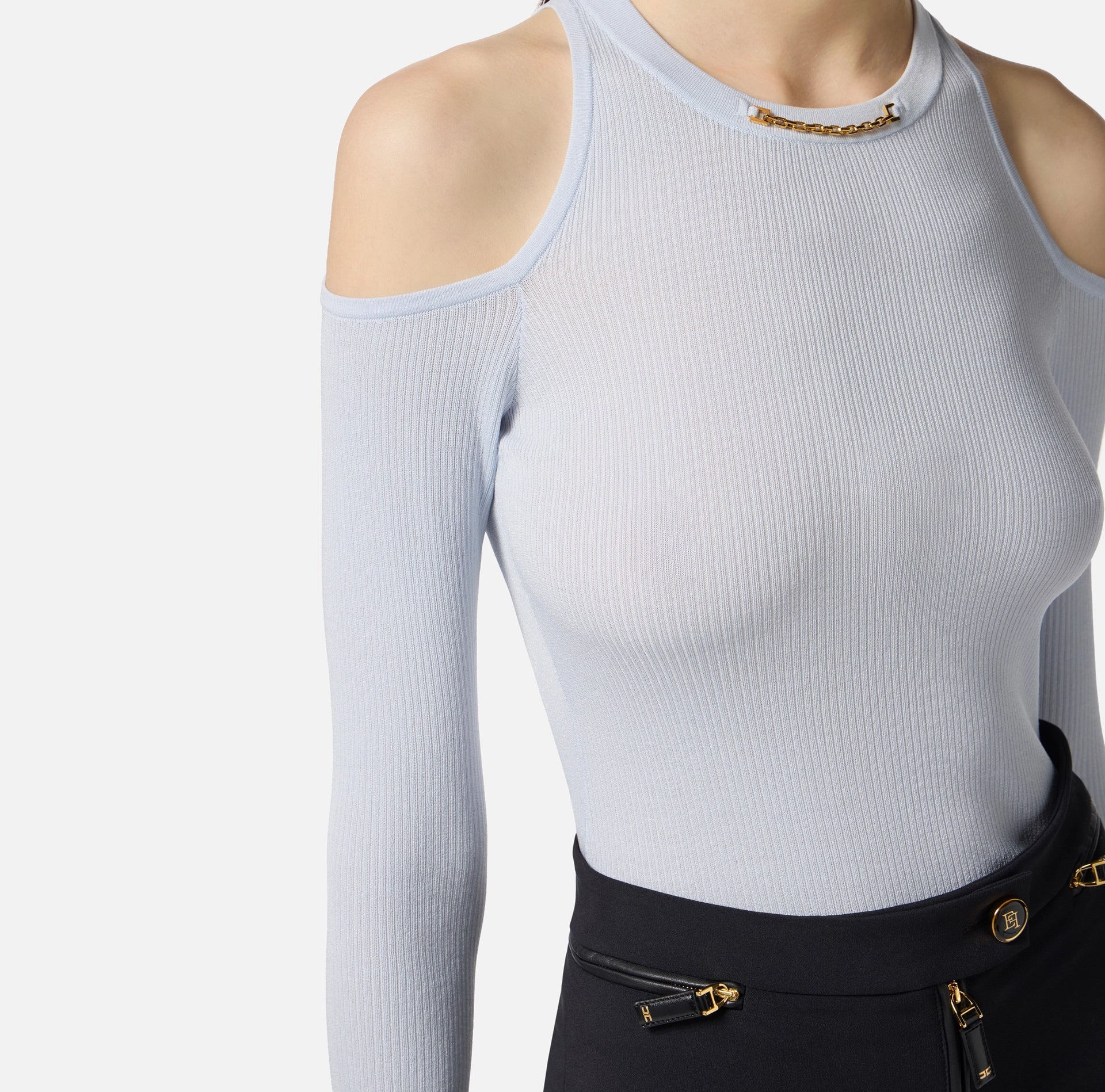 Baby blue rib knit cold shoulder top