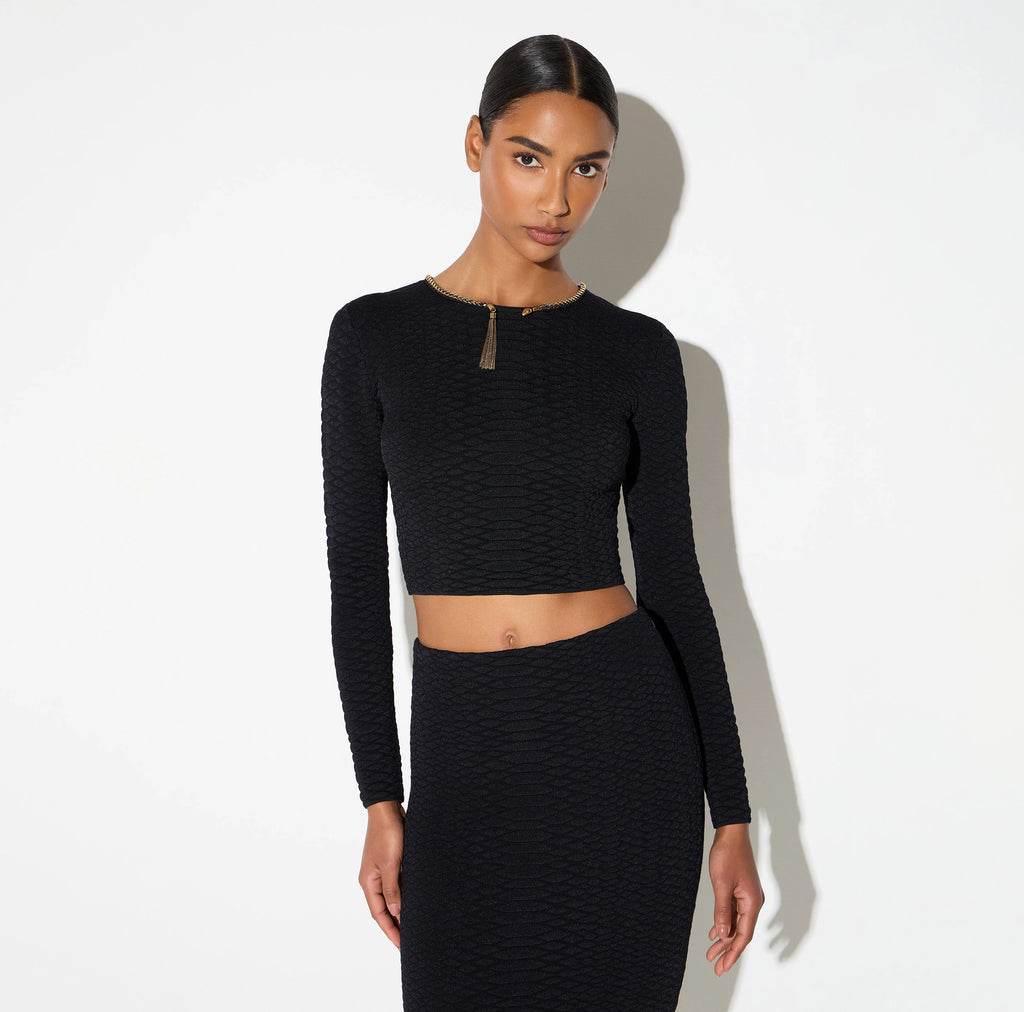 Black snake pattern cropped top with necklace detail