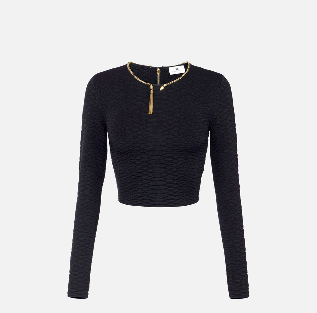 Black snake pattern cropped top with necklace detail