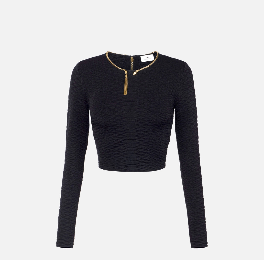 Black snake pattern cropped top with necklace detail