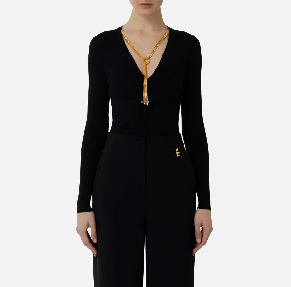 Black rib knit top with necklace