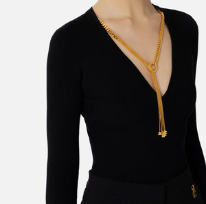 Black rib knit top with necklace