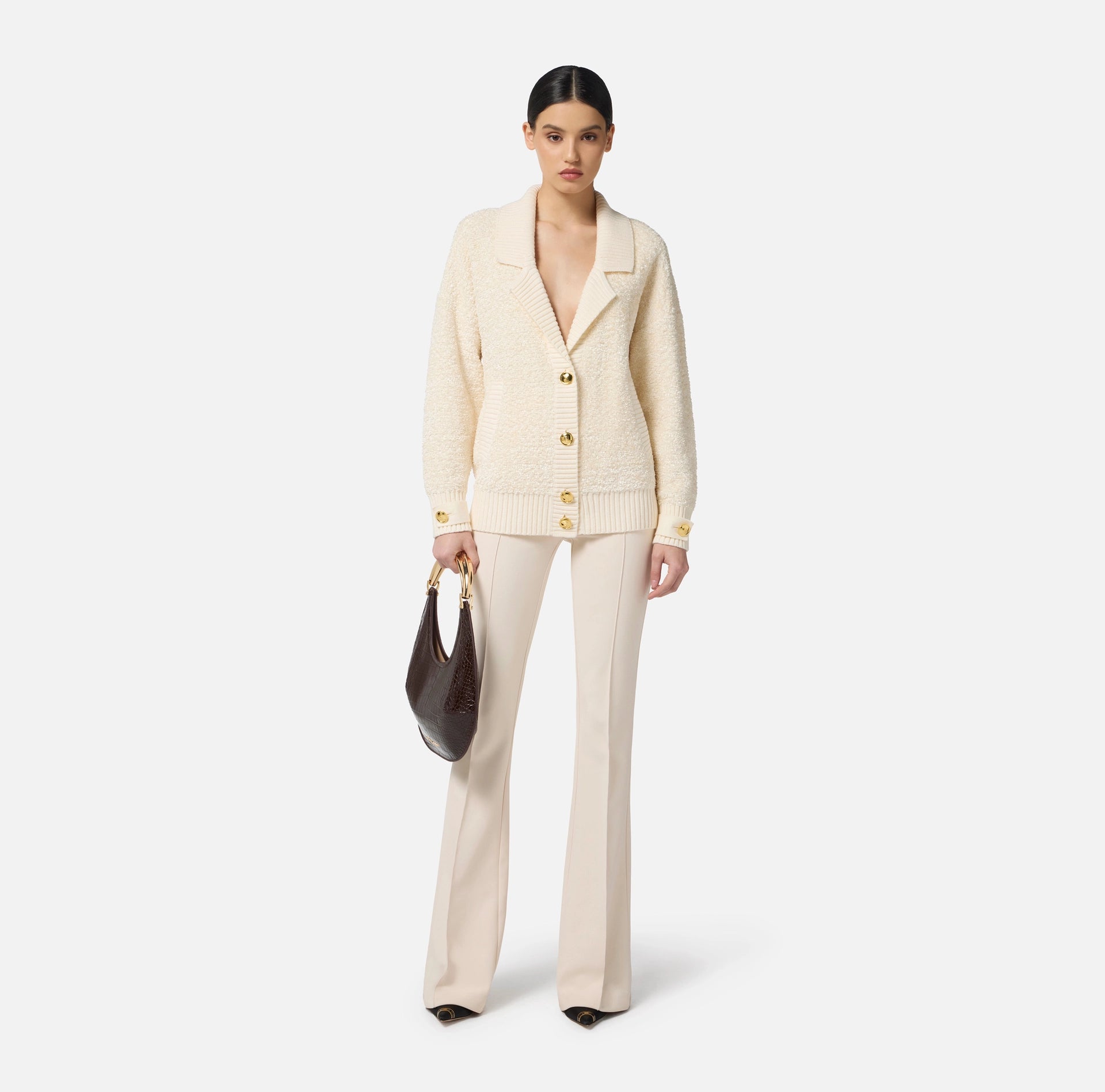 ELISABETTA FRANCHI チャーム カーディガン スリム ベージュ アンドミー andme フロントリボン 2way ニット カーディガン