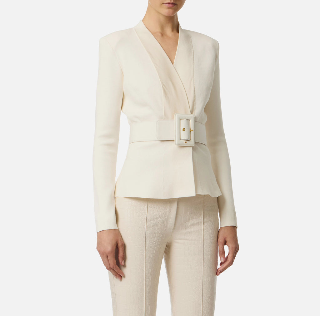 Ivory knit jacket with wide belt