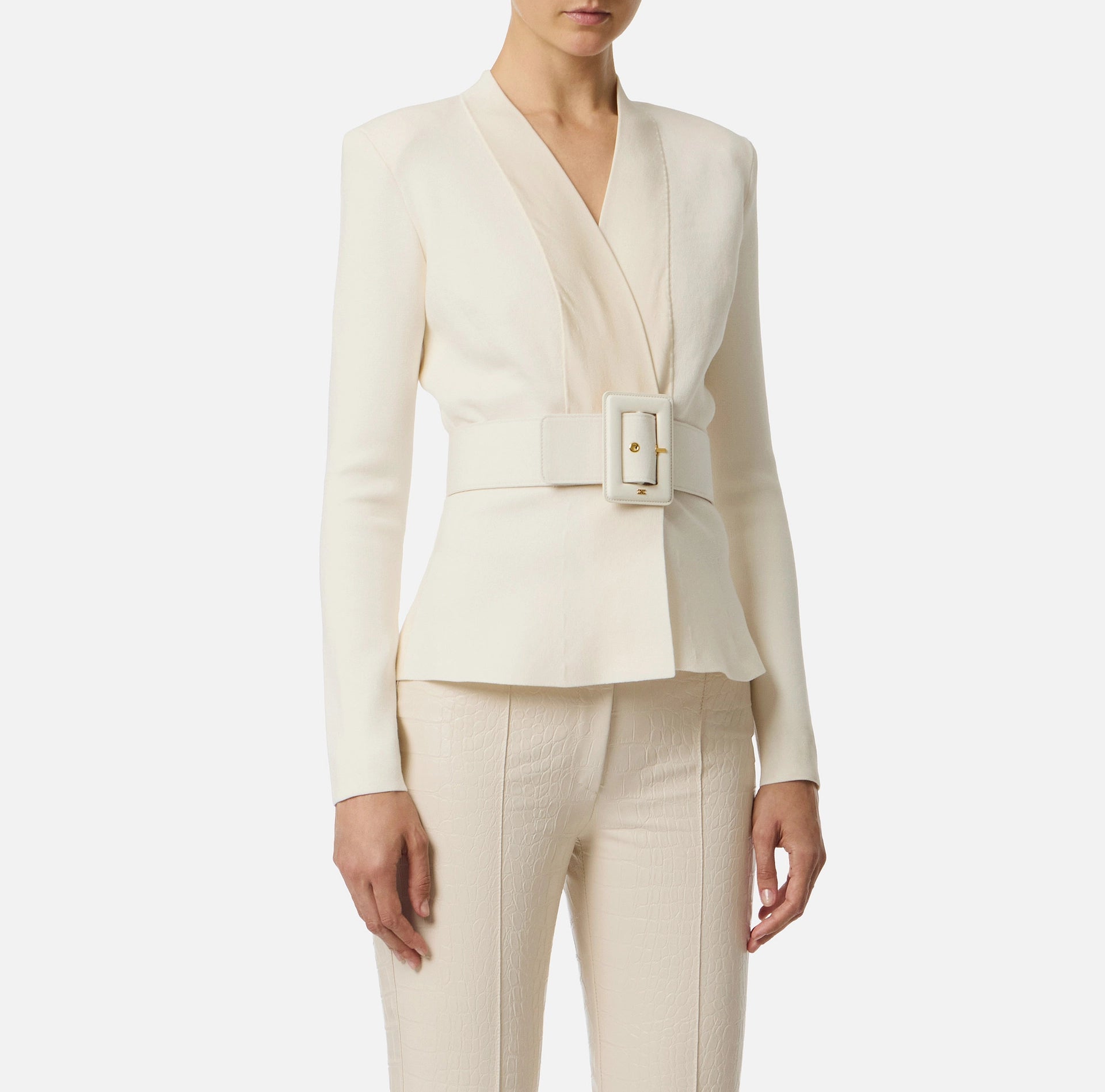 Ivory knit jacket with wide belt