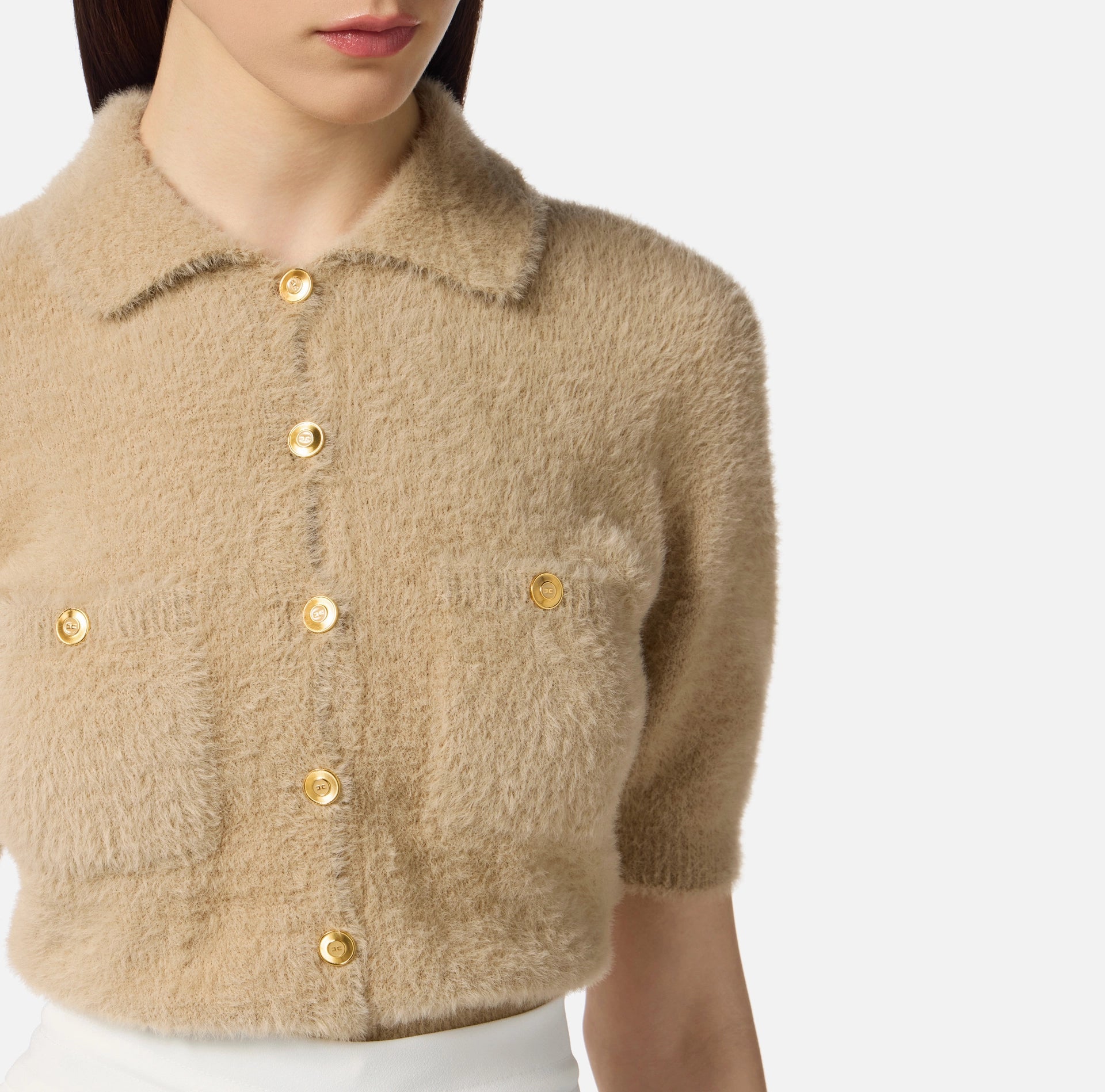Camel short sleeve knit polo top