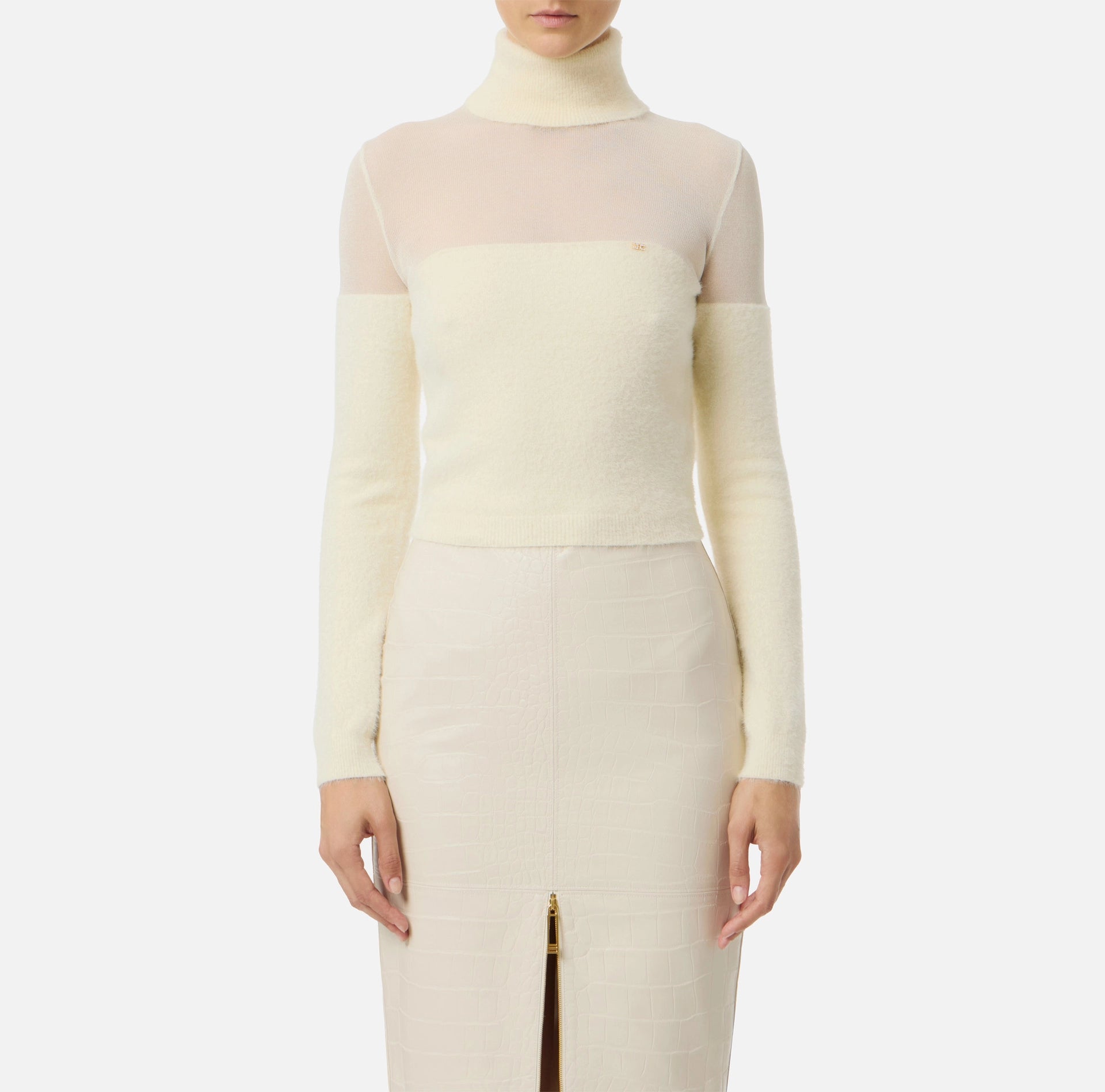 Ivory turtleneck knit mesh and fur-effect  top