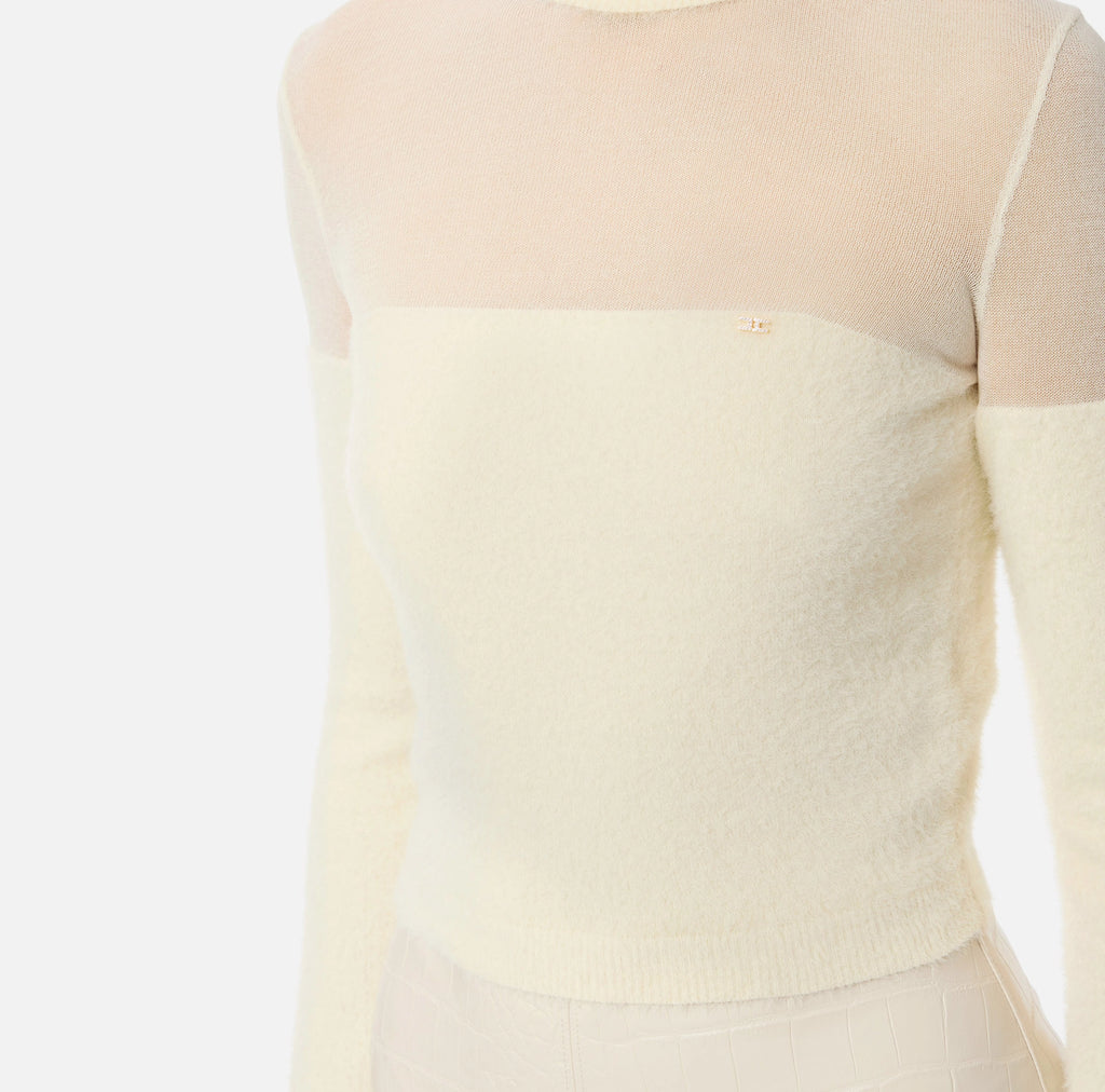 Ivory turtleneck knit mesh and fur-effect  top