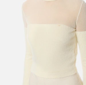 Ivory turtleneck knit mesh and fur-effect  top