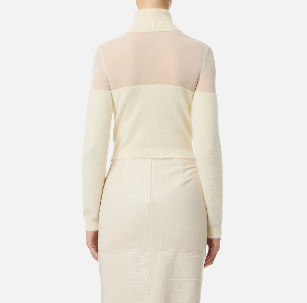 Ivory turtleneck knit mesh and fur-effect  top