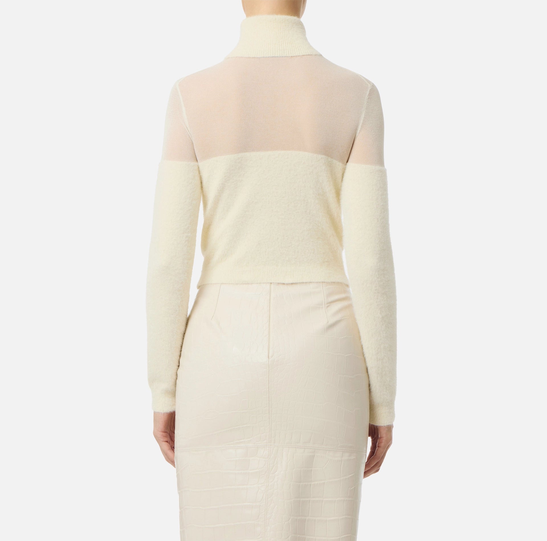 Ivory turtleneck knit mesh and fur-effect  top
