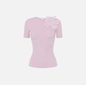 Lilac rib knit top with flower