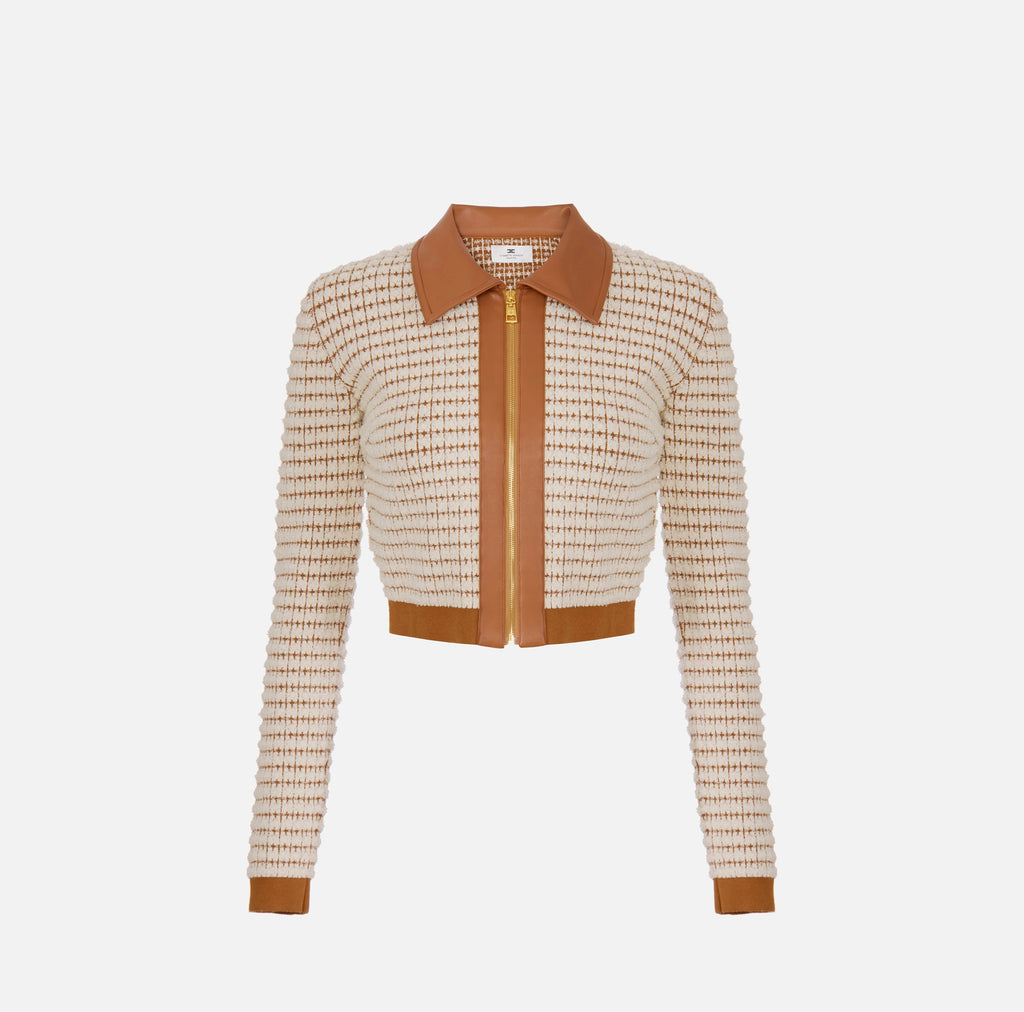 Ivory brown knit jacket with leather trimming and a zipper