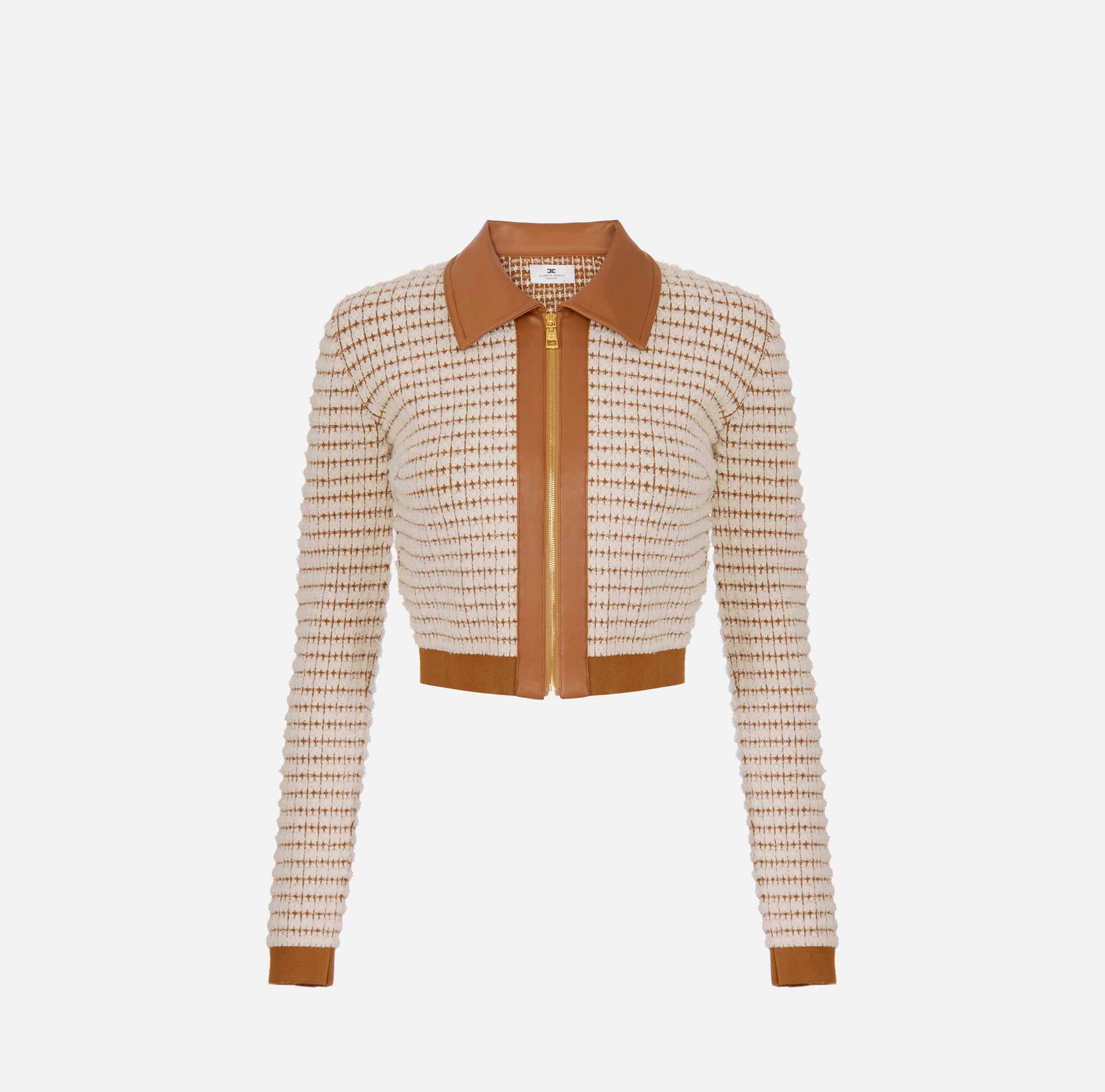 Ivory brown knit jacket with leather trimming and a zipper