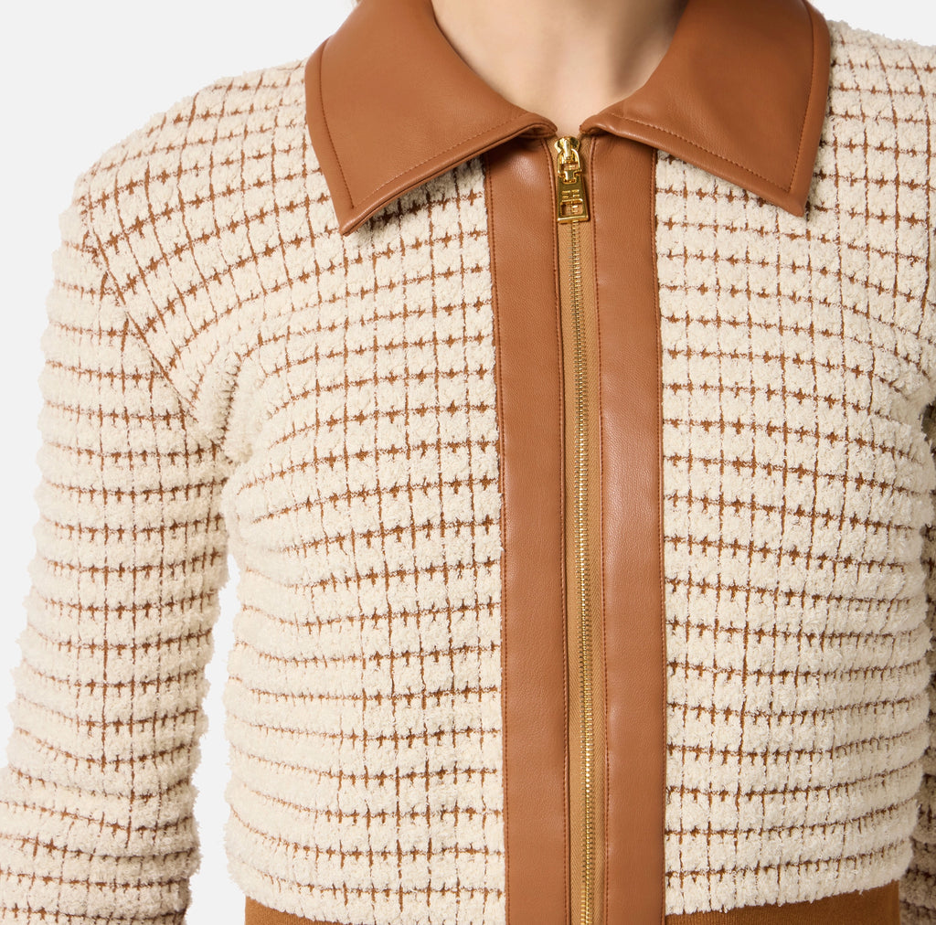 Ivory brown knit jacket with leather trimming and a zipper