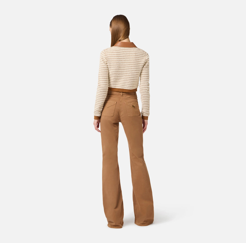 Ivory brown knit jacket with leather trimming and a zipper
