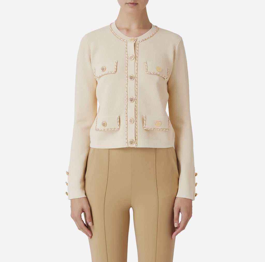 Cream knit short jacket with chain detail and buttons