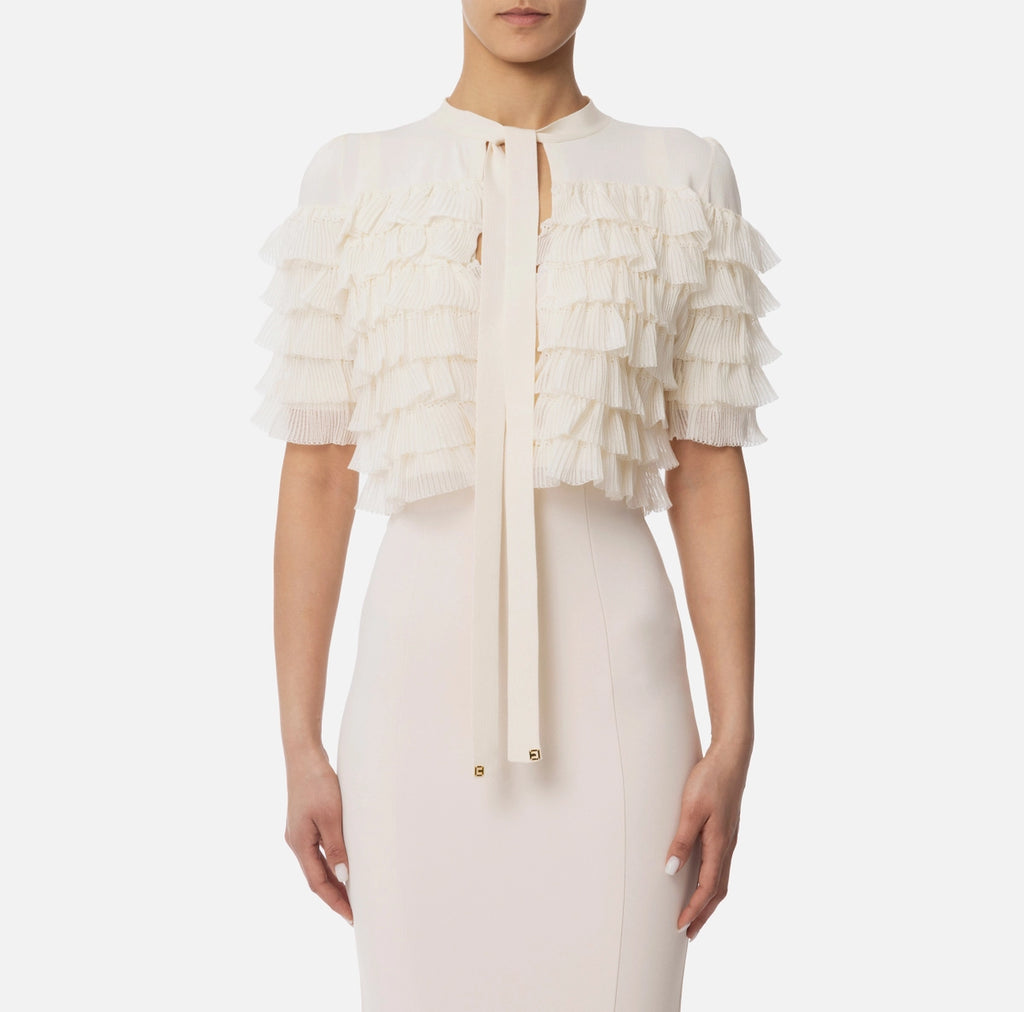 Ivory knit top jacket with ruffles