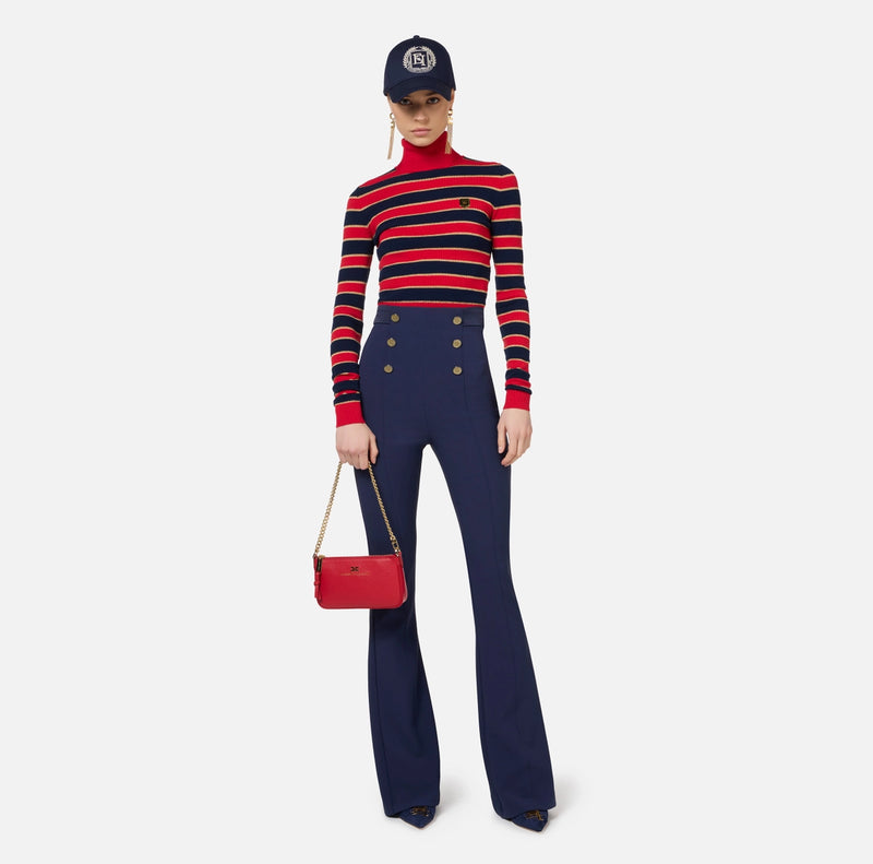 red navy gold striped light knit turtleneck top