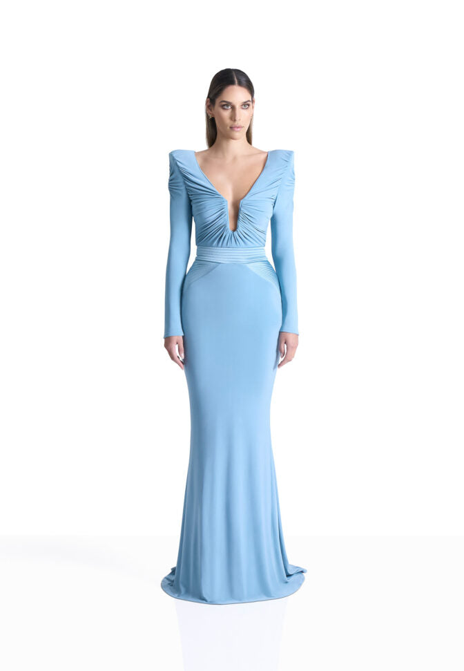 Baby blue jersey gown with long sleeves