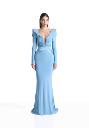 Baby blue jersey gown with long sleeves