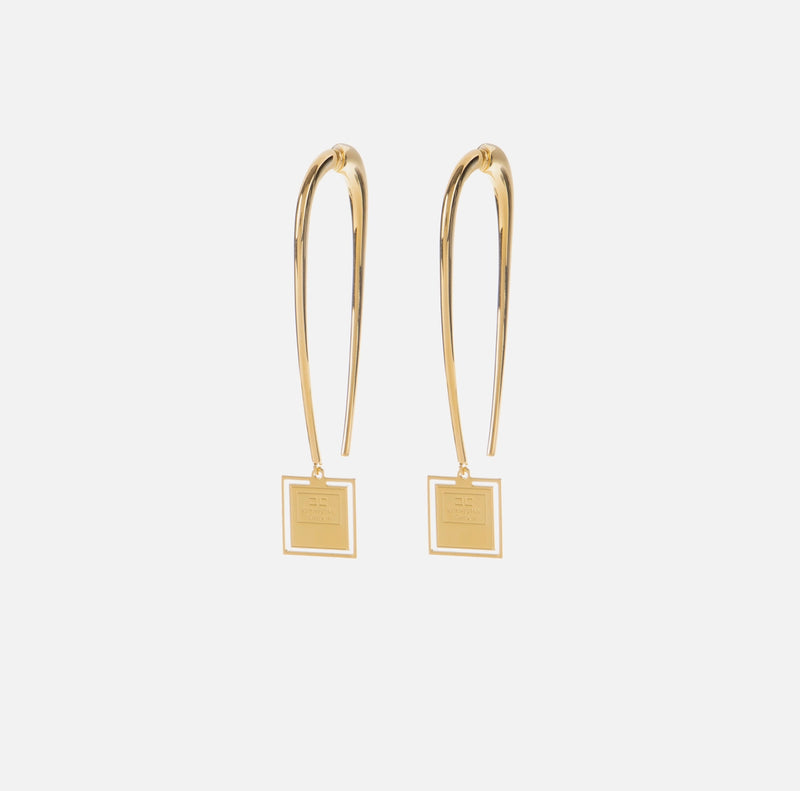 Gold double sided earrings with square logo