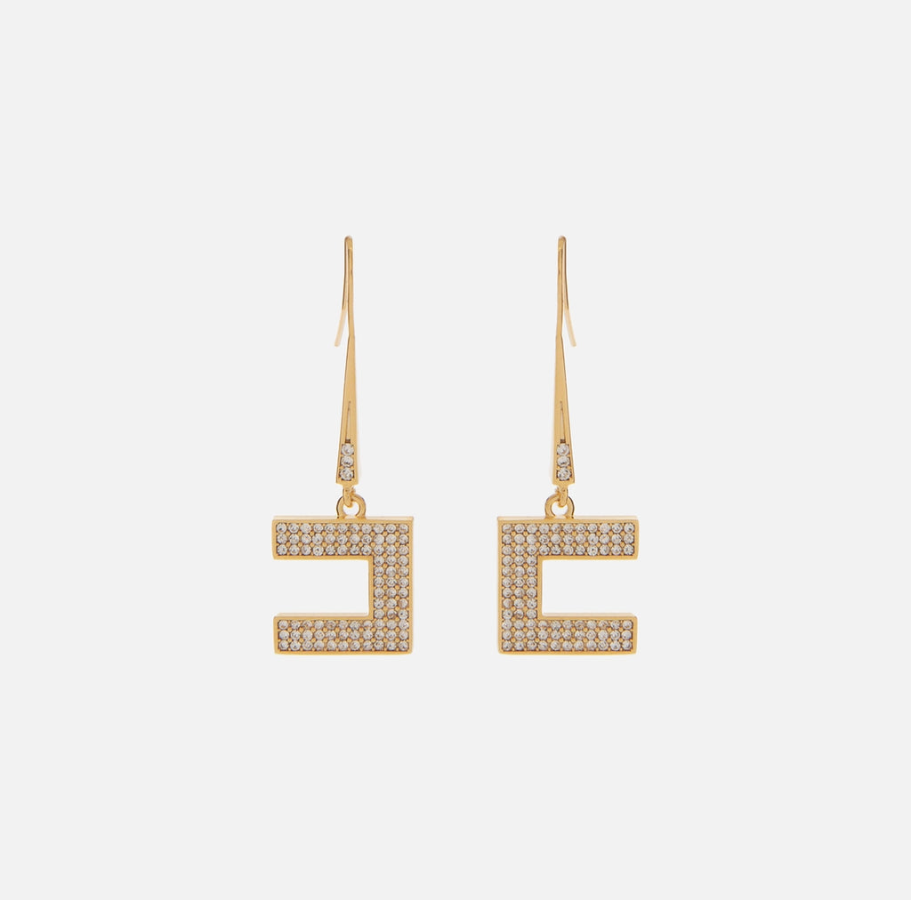Gold logo earrings with rhinestones