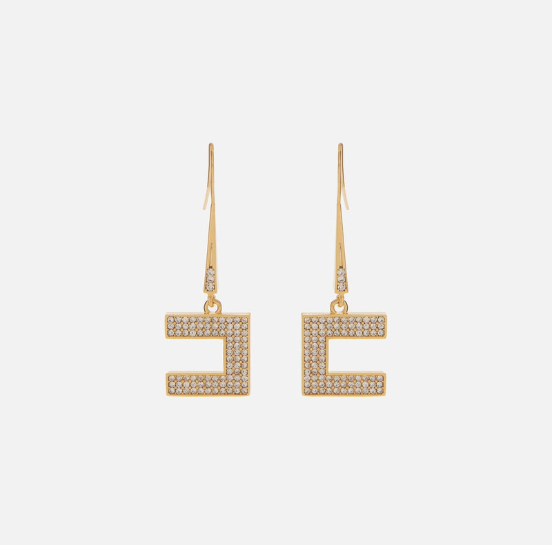 Gold logo earrings with rhinestones