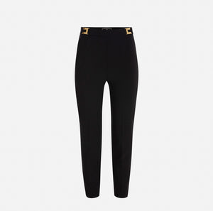 Black straight crepe trousers with logo plaques