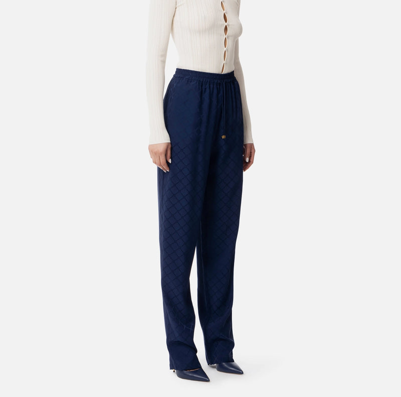 Navy satin jacquard jogger pants