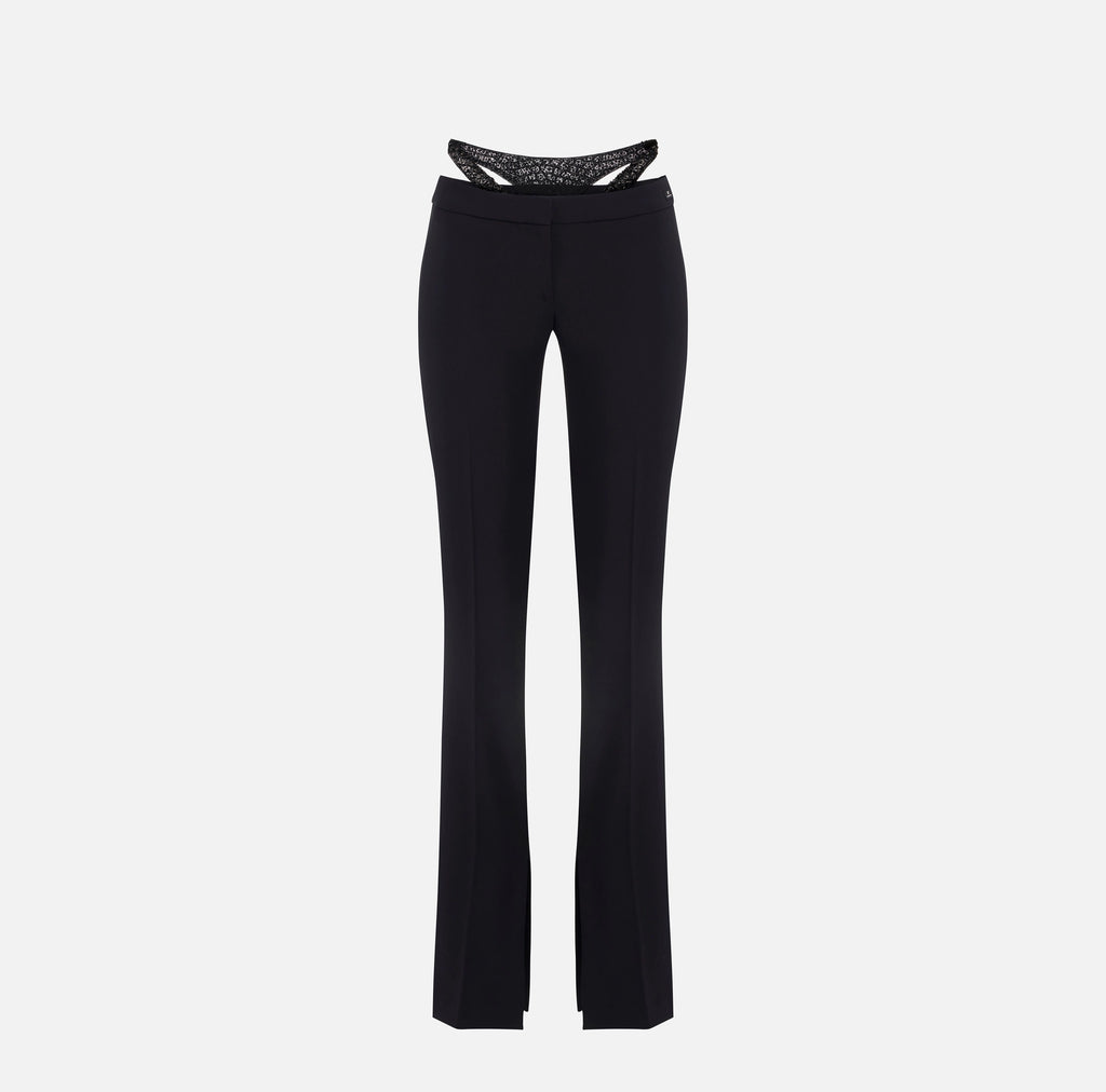 Black low rise pants with crystal embroidery