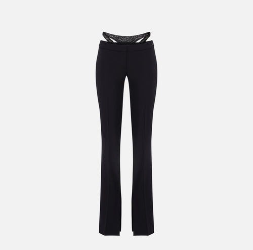 Black low rise pants with crystal embroidery
