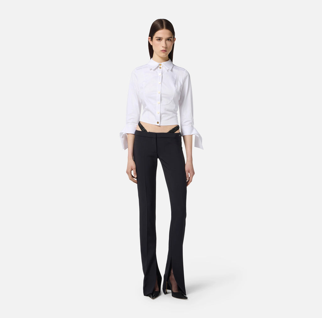 Black low rise pants with crystal embroidery