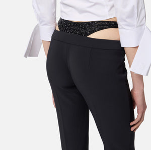 Black low rise pants with crystal embroidery