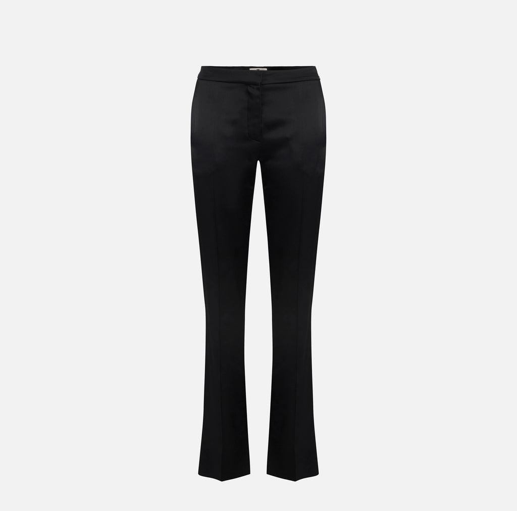 Black satin trousers with slits