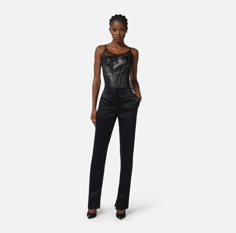 Black satin trousers with slits