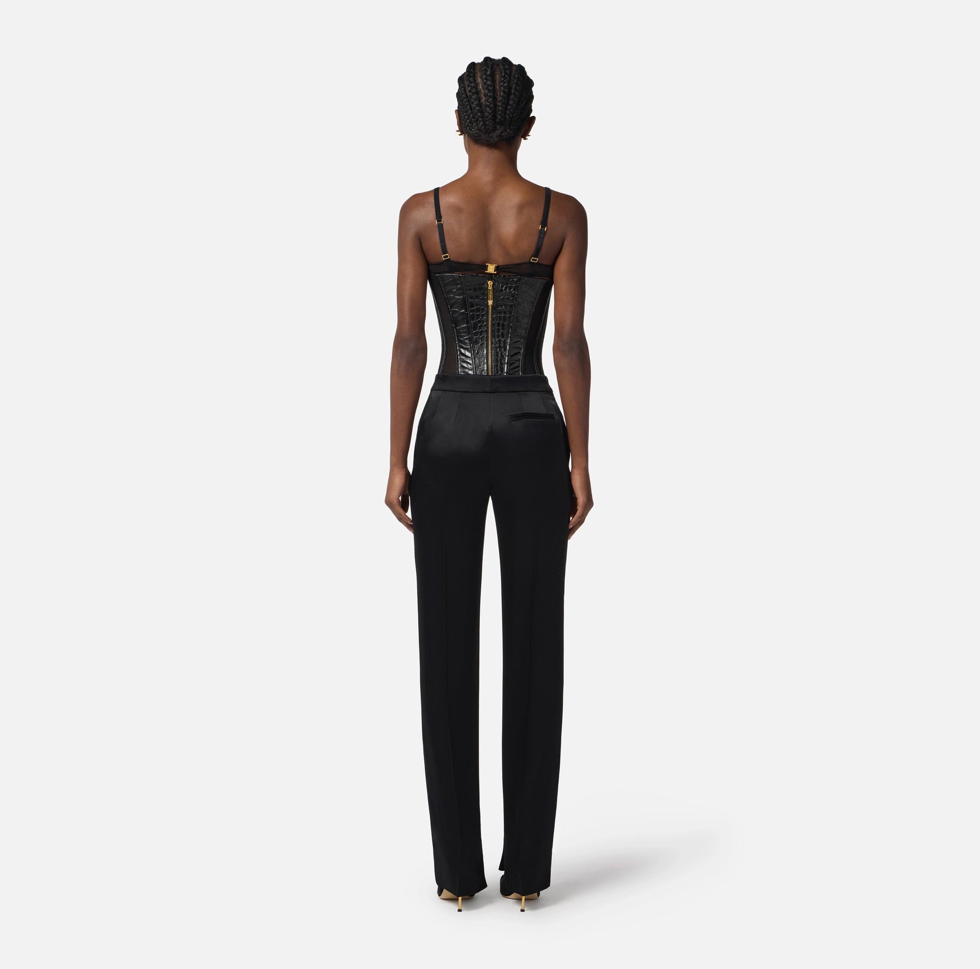 Black satin trousers with slits