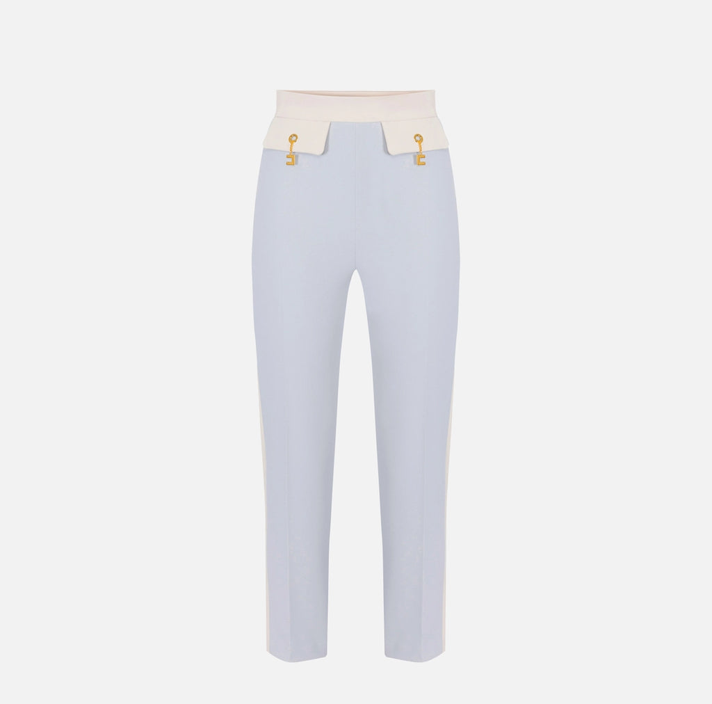 Baby blue slim fit trousers with ivory side trimming