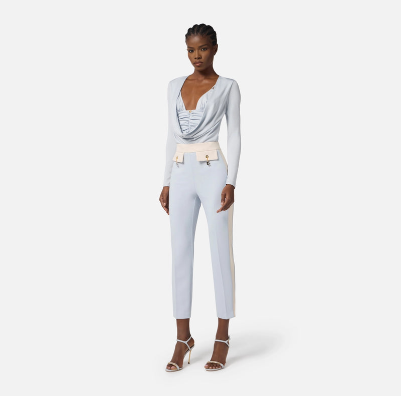 Baby blue slim fit trousers with ivory side trimming