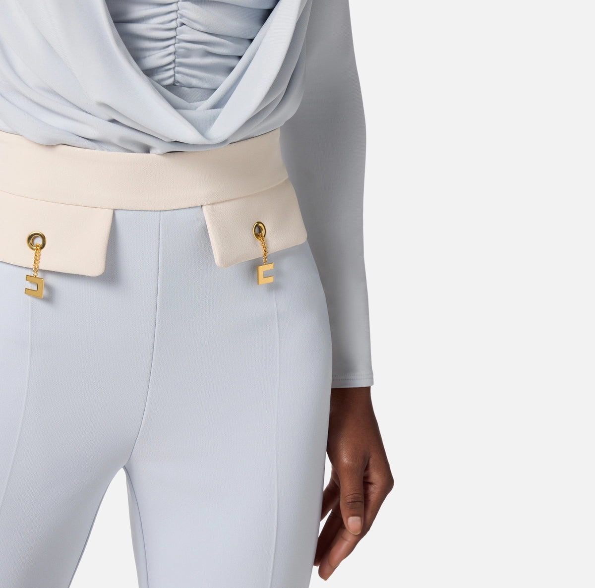 Baby blue slim fit trousers with ivory side trimming