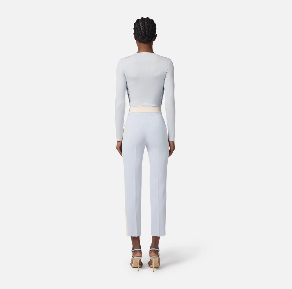 Baby blue slim fit trousers with ivory side trimming