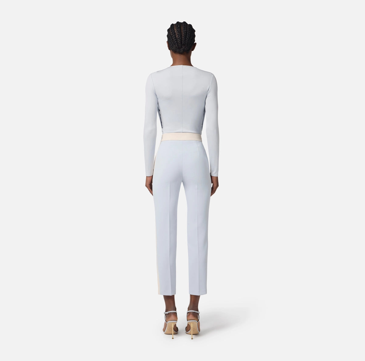 Baby blue slim fit trousers with ivory side trimming