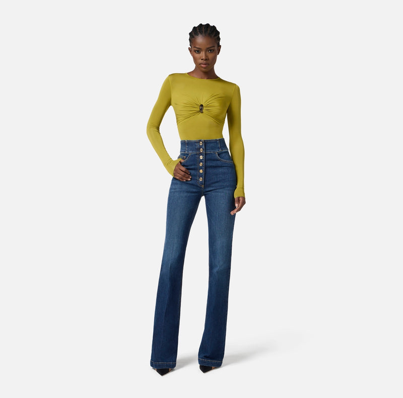 Blue denim high waisted jeans with buttons