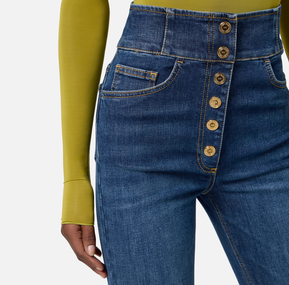 Blue denim high waisted jeans with buttons