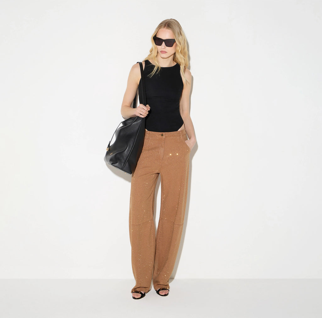 Camel denim balloon pants with rhinestones
