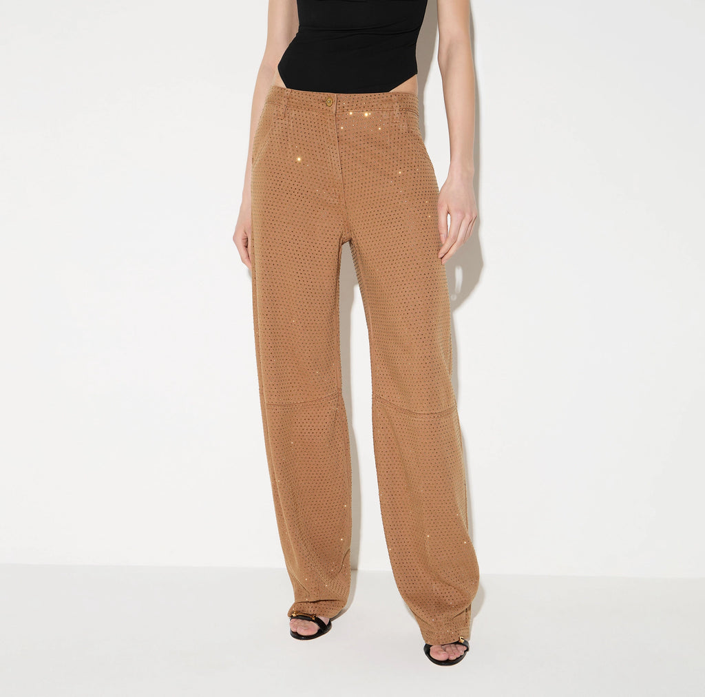 Camel denim balloon pants with rhinestones